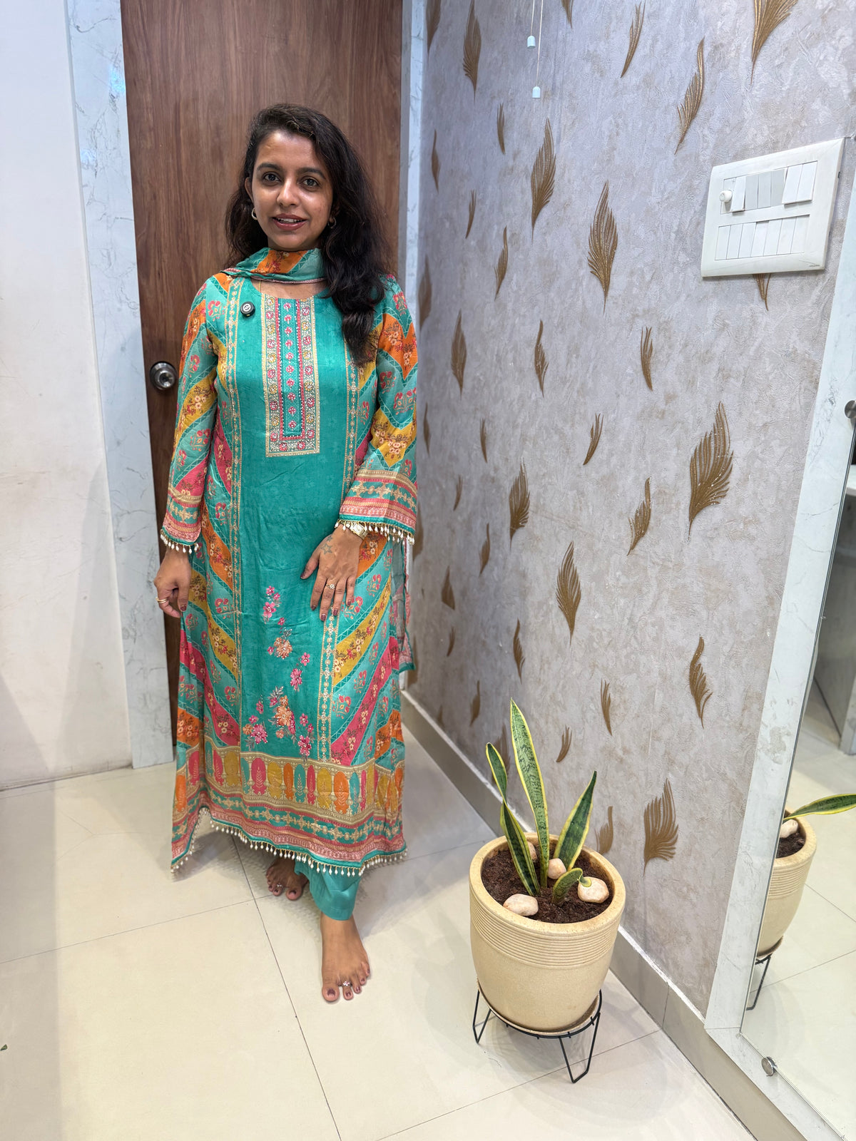 Digital Printed Pure Chinnon Beads Fishcut Kurti With Pant and Dupatta -HSC1231