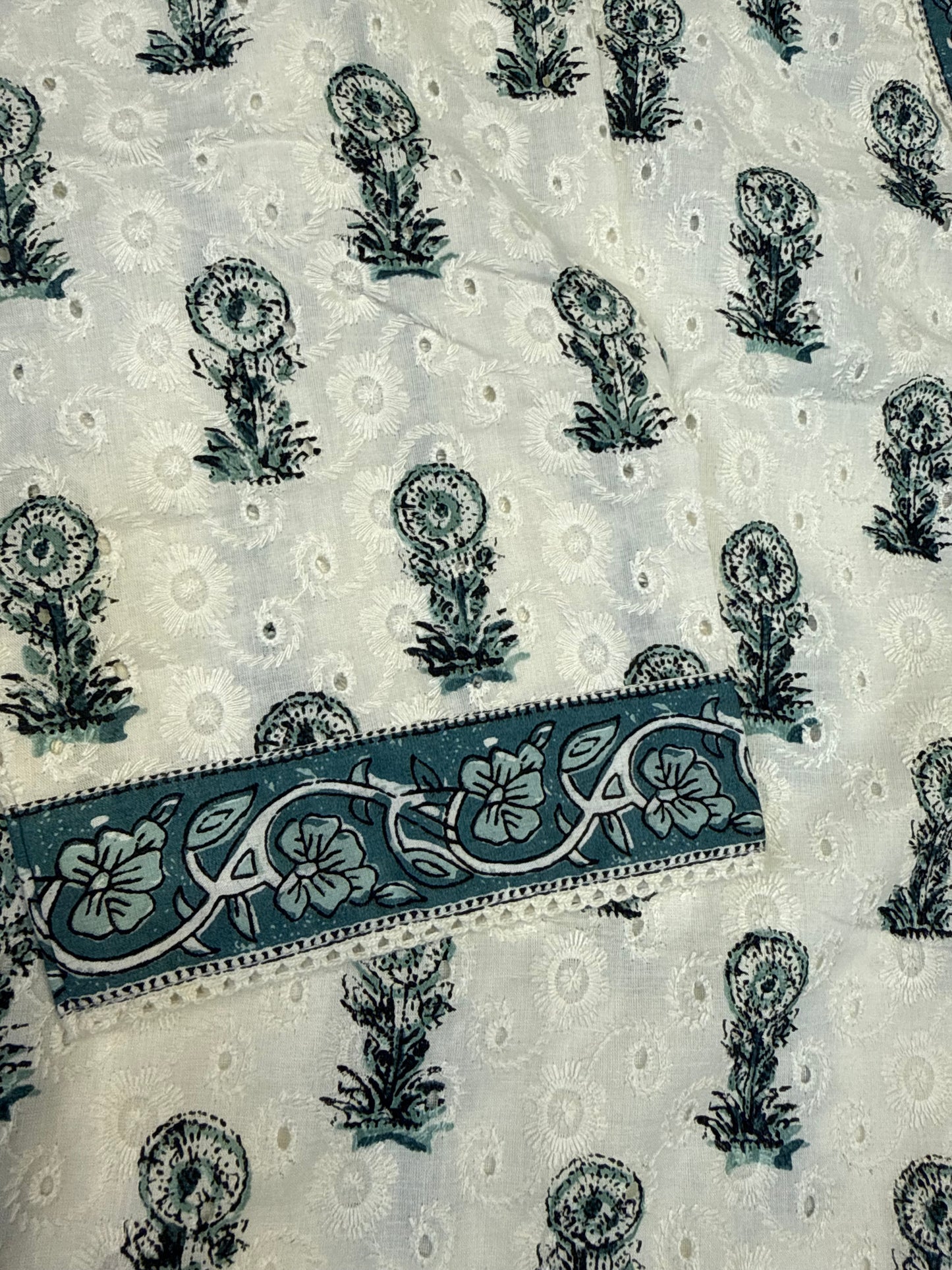Half white Floral Pure Cotton Embroidery Hakoba Kurti With Pant and Dupatta