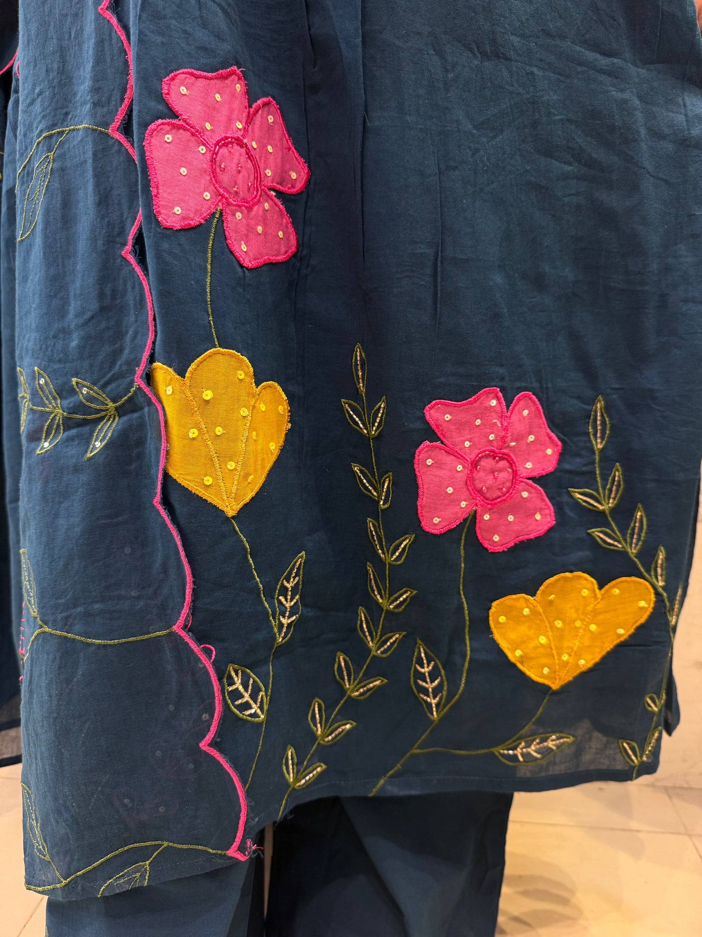 Blue Mul Cotton A-line  Kurti With Pant and Scallop Dupatta-HSC13