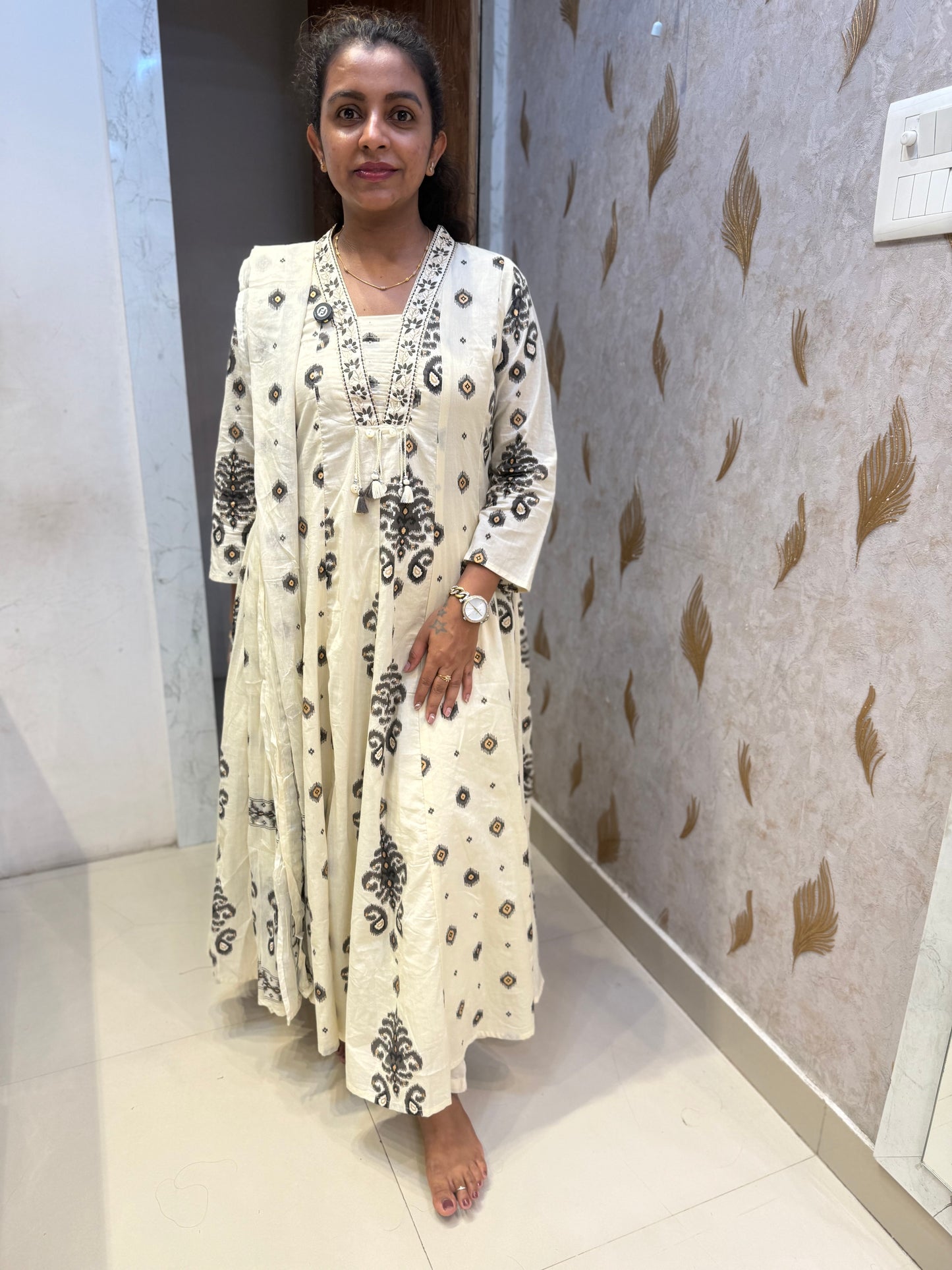 Half White printed A-line Kurti With Pant and Dupatta-HSC149