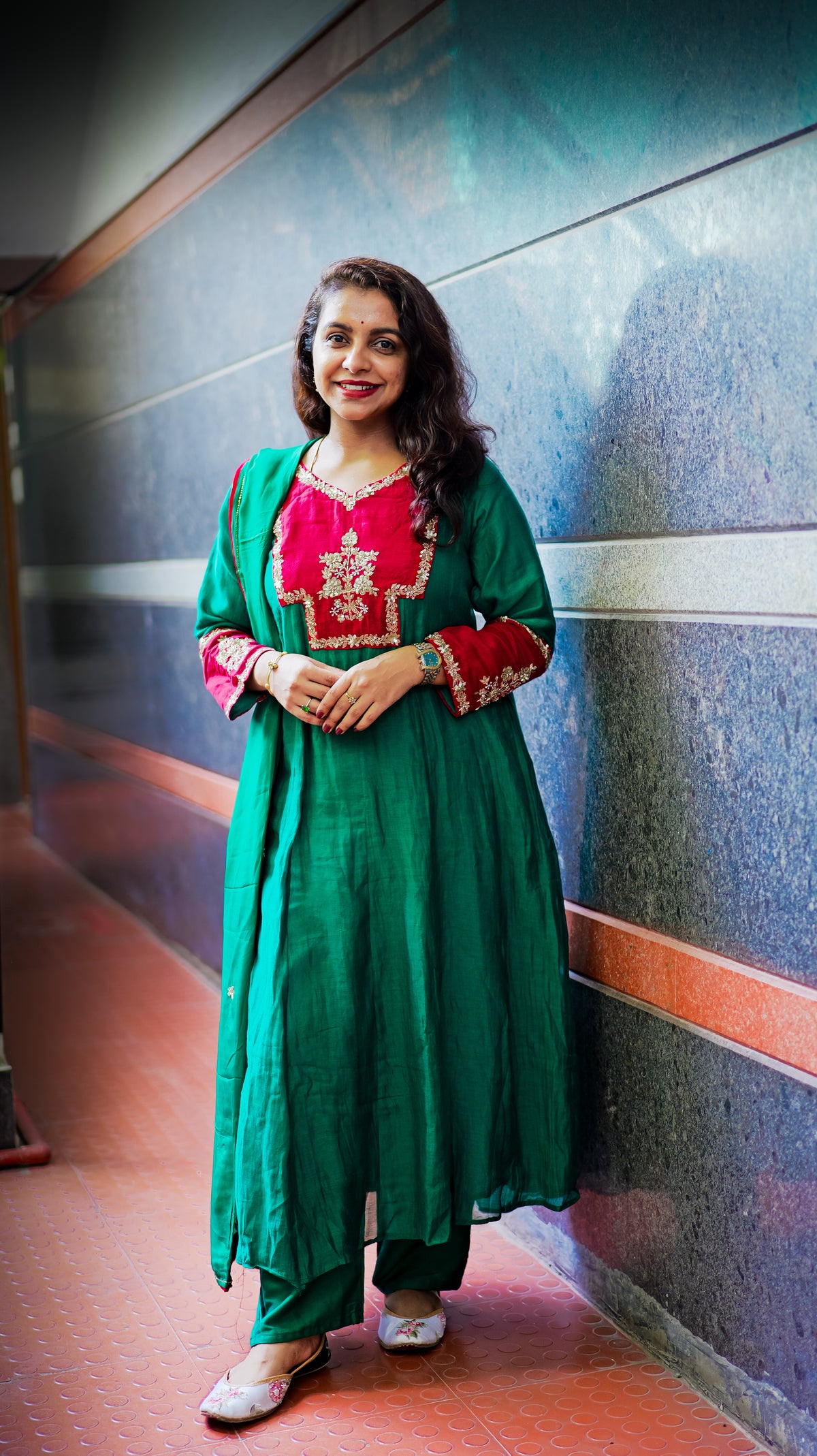 Green Pure Mul Chanderi Hand Embroidery A-line Kurti With Pant and Dupatta -HSC1218