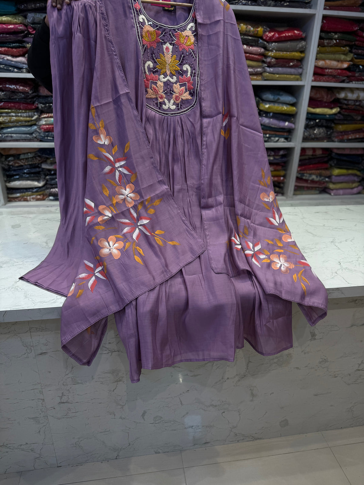 Lavender Embroidery Kurti With Pant and Handbrush Dupatta -HSC1272