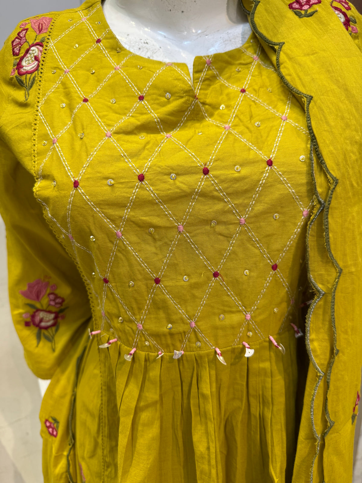 Mustard Embroidery Pure Cotton Kurti With Pant and Scallop Dupatta -HSC1285