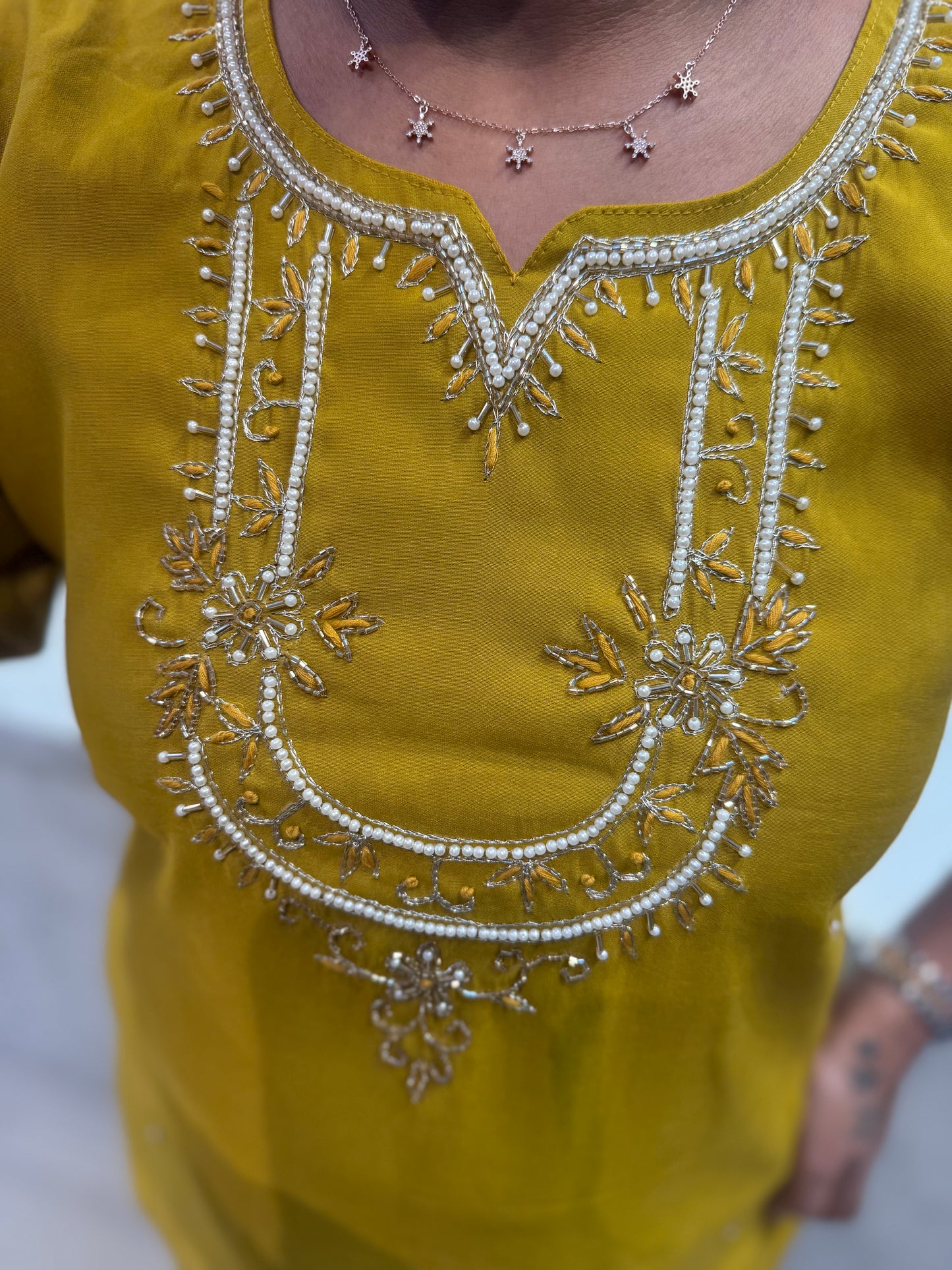 Mustard Roman Silk Party wear Kurti With Pant and Dupatta