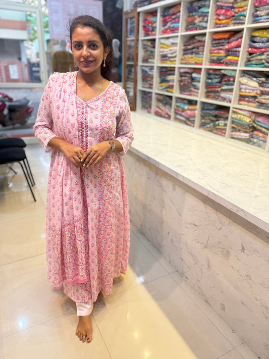 Pure Mul Cotton Anarkali Kurti with Pant and Dupatta