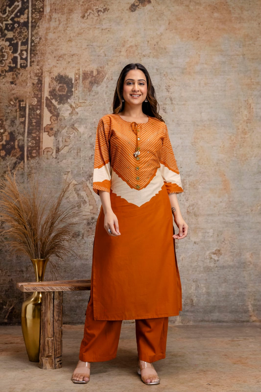 Trending Orange  Pure Cotton Kurti With Pant and Dupatta-HSC120