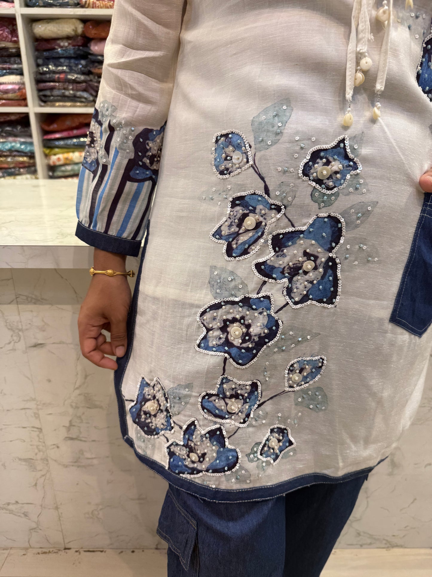 Half White Hand Embroidery Denim Set