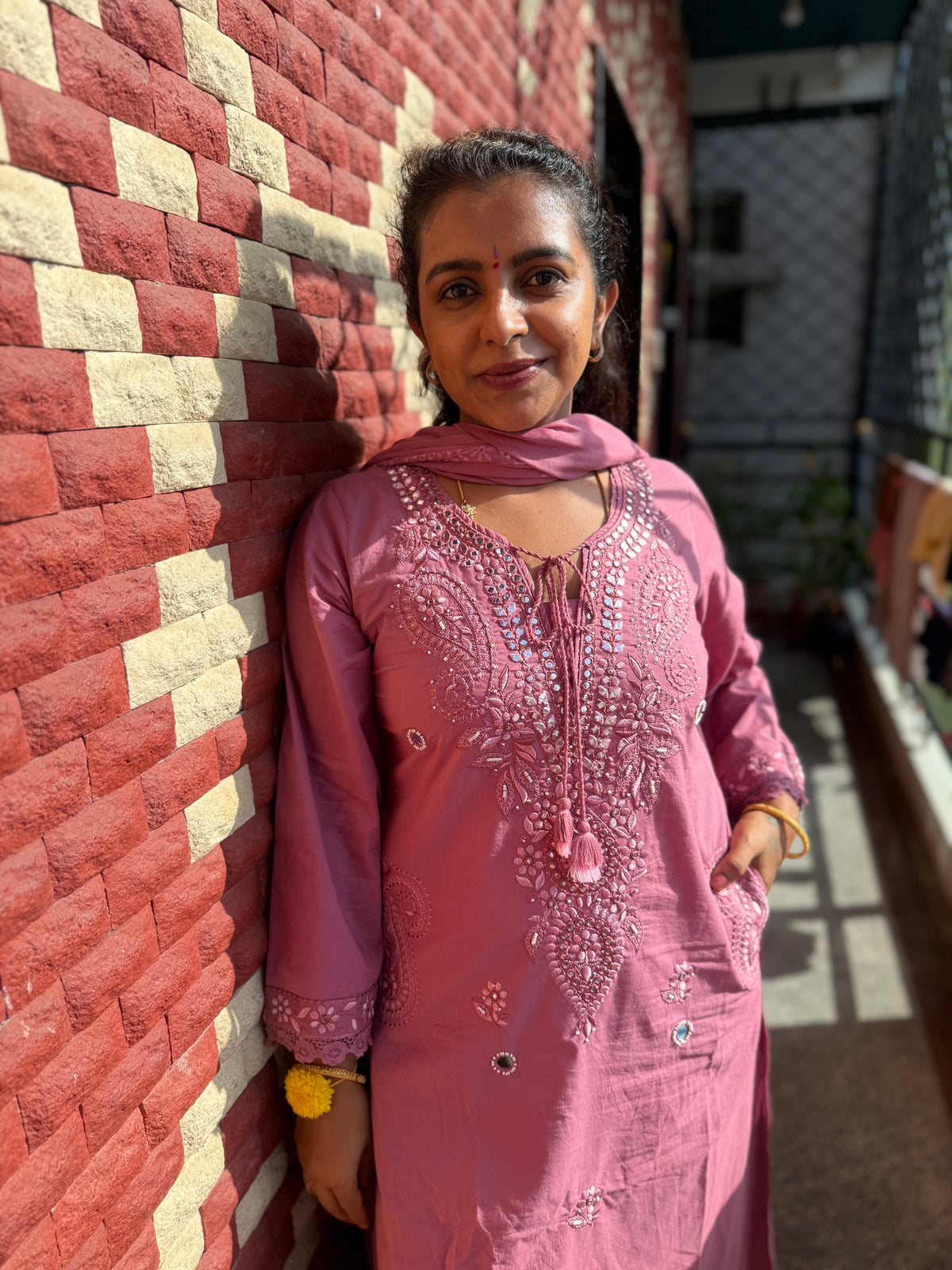 Thread Embroidery Two sides pockets Kurti With Pant and Dupatta - HSC1197