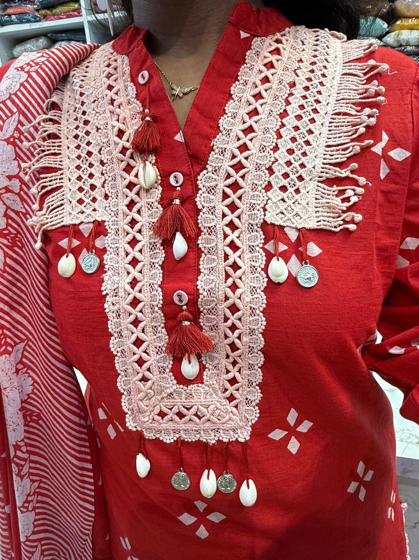 Pure Cotton Red Shell Detail with Kurti with Pant and Dupatta