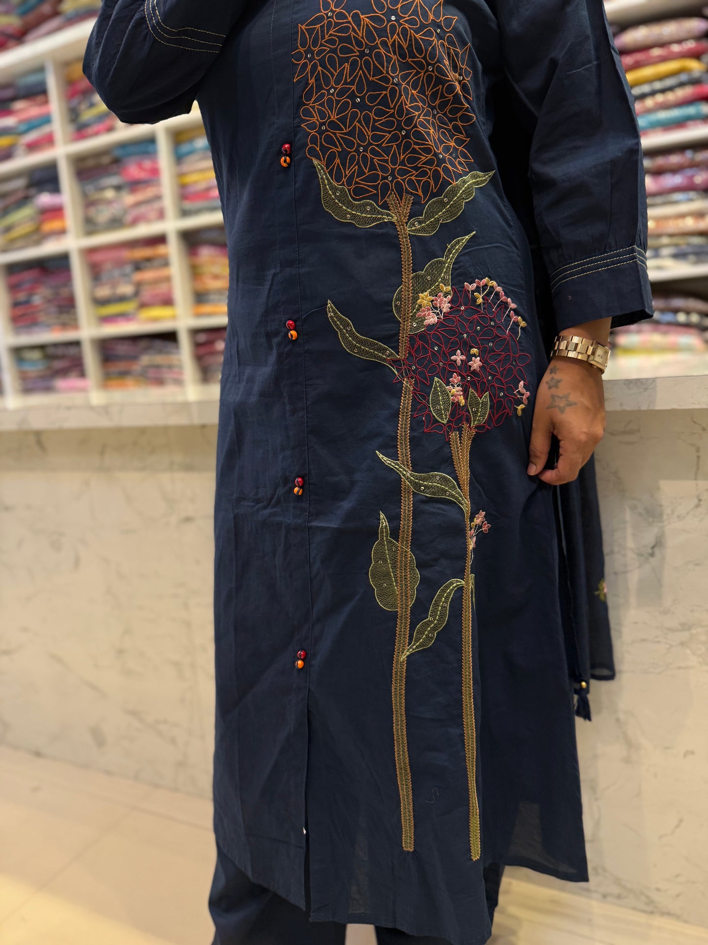 Navy Blue Embroidery Cotton Kurti With Pant and Dupatta-HSC30