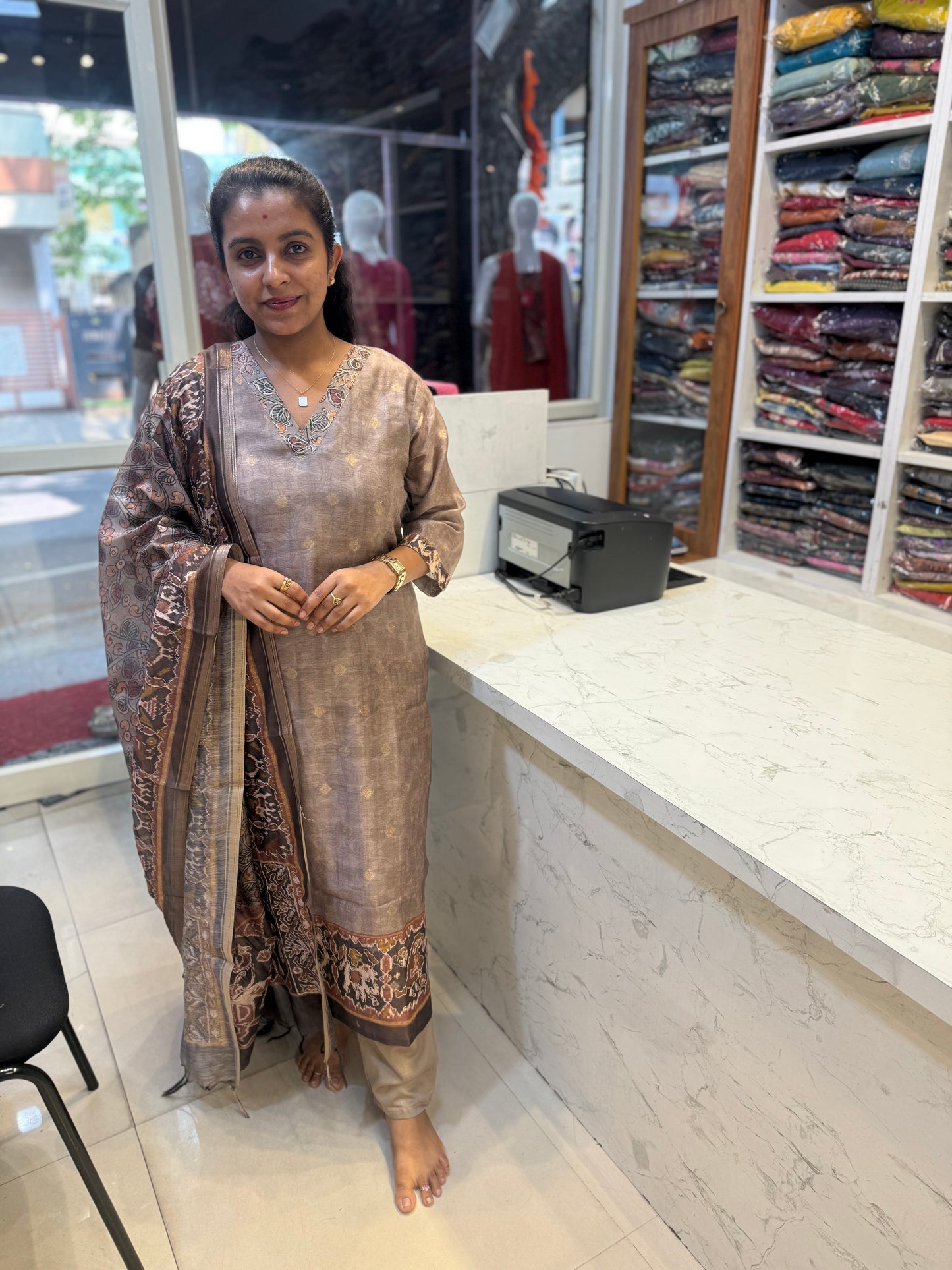 Grey Pure Tissue Linen Kurti With pant and Dupatta-HSC43
