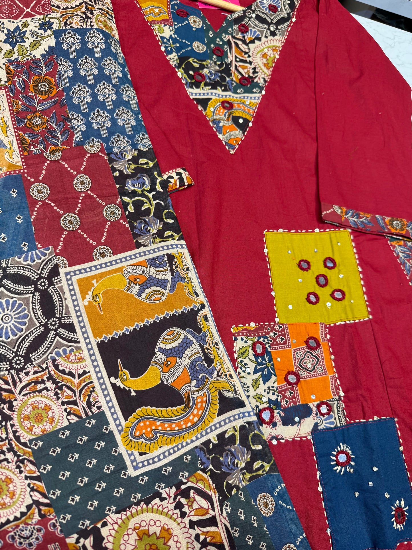 Marron Applique Cotton Kurti With Pant and Dupatta-HSC126