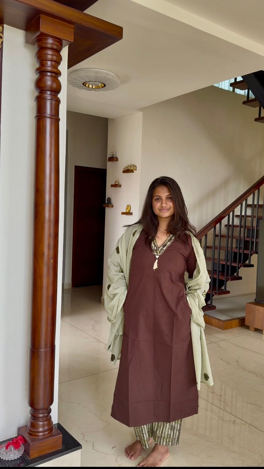 Brown Pure Cotton Kurti With Stripes Pant and Applique Dupatta -HSC1264