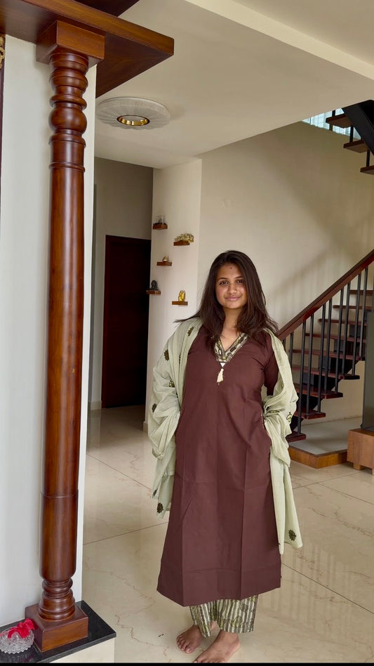 Brown Pure Cotton Kurti With Stripes Pant and Applique Dupatta -HSC1264