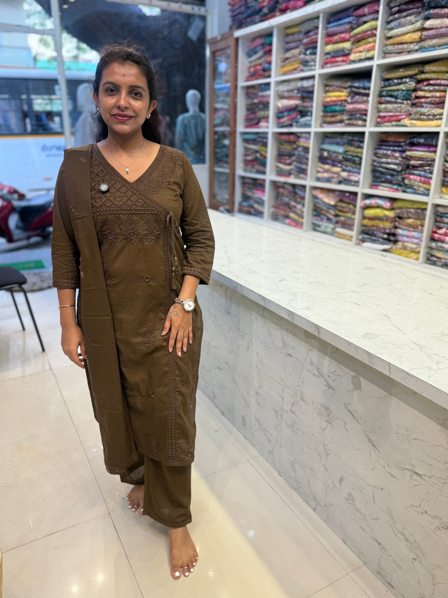 Coffee Brown Chikankari Embroidery Kurti With Pant and Dupatta-HSC163