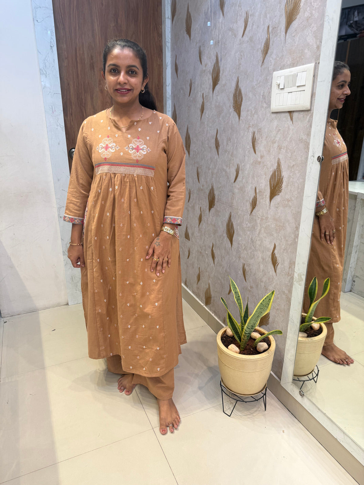 Two sides Pockets Embroidery Pure Cotton Flex Kurti With Pant - HSC1169