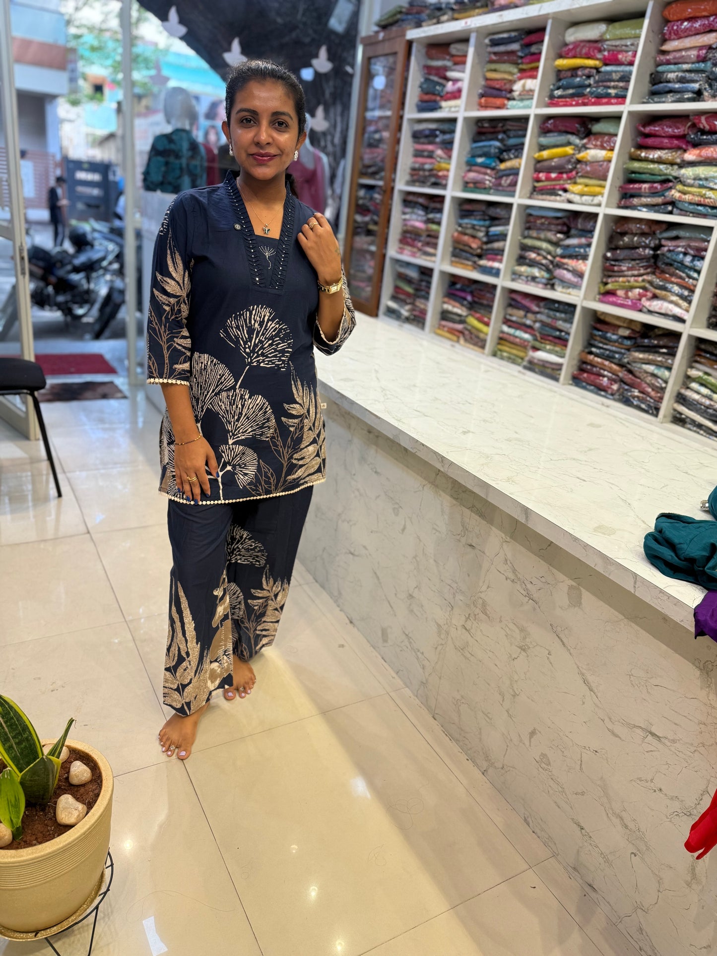 Navy Blue Printed Cotton Co-ords Set