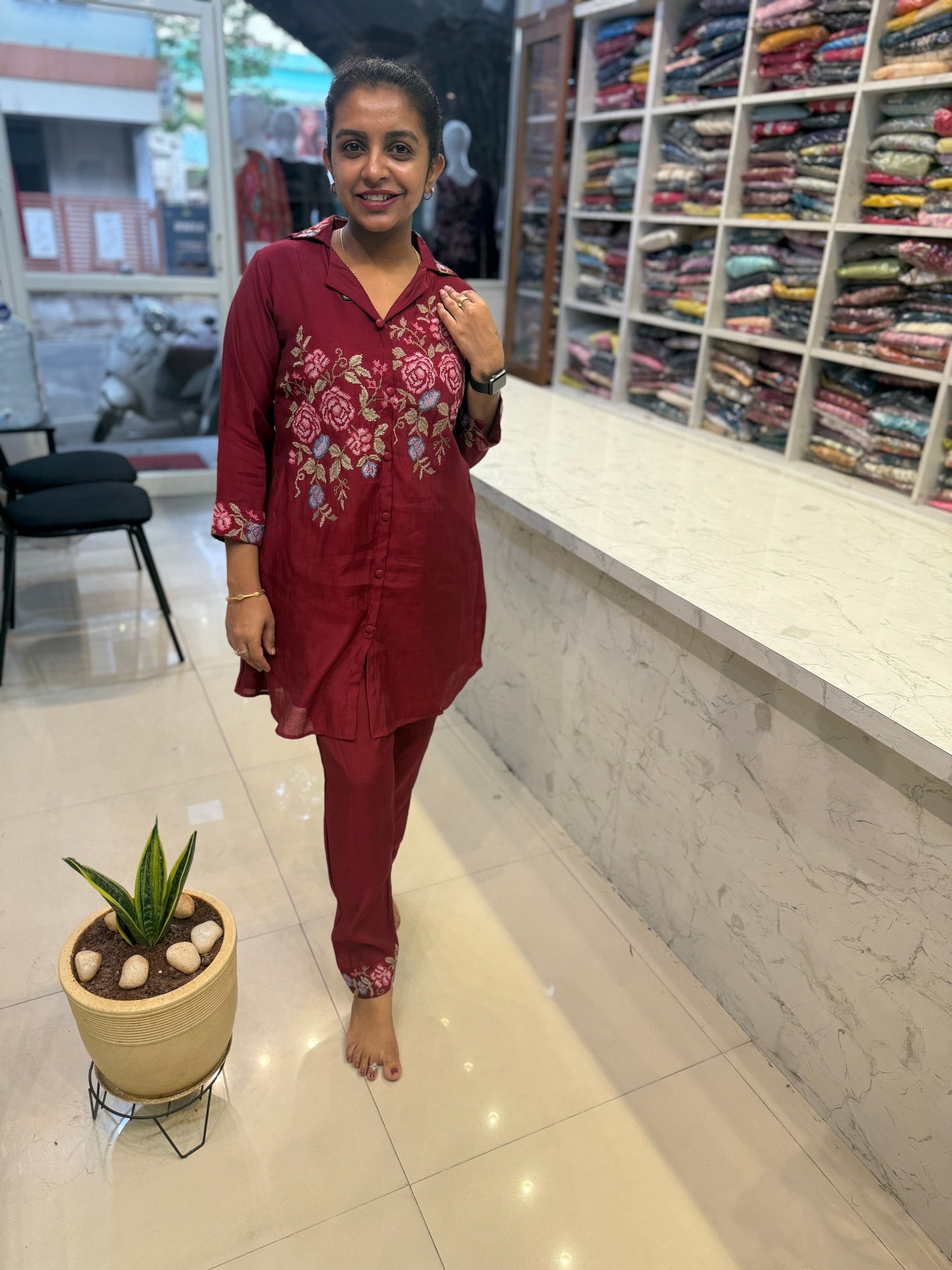 Marron Cross Stitch Work Silk Co-ords Set