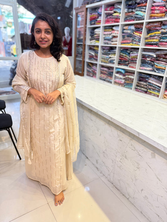 Beige Colour Long Gown with Pant And Dupatta
