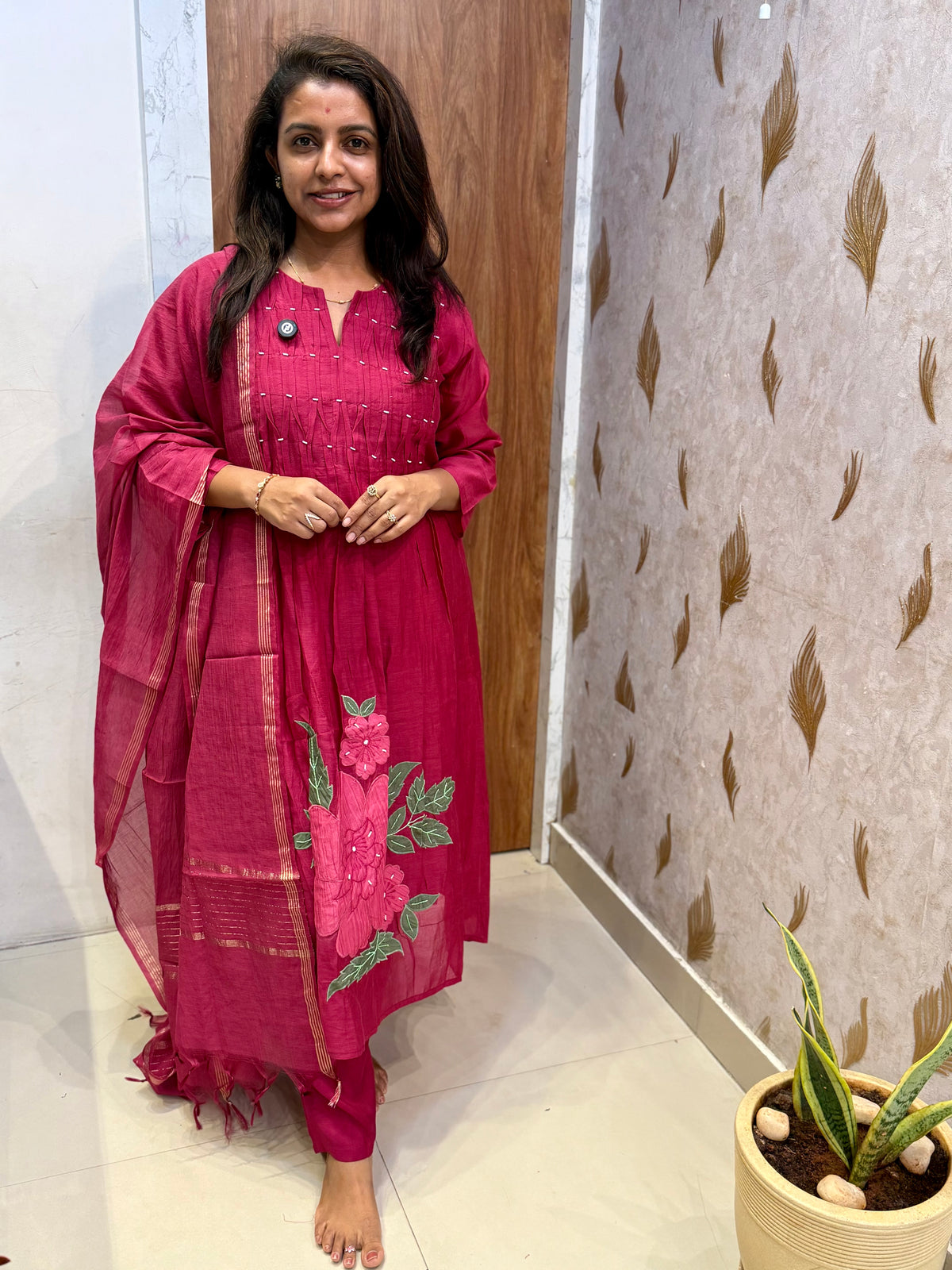 Pure Banarasi Mul Chanderi Kurti With Pant and Dupatta - HSC1196