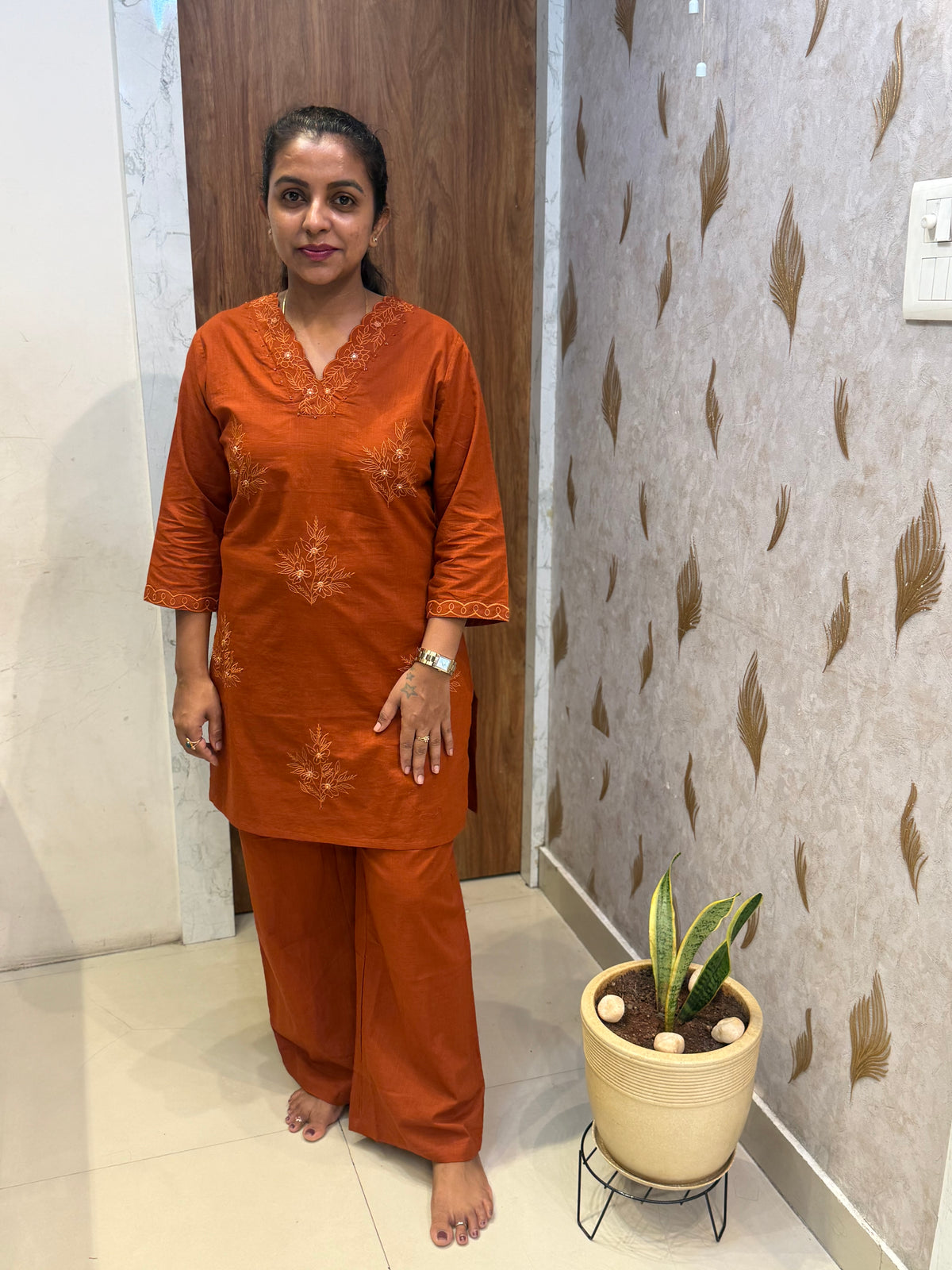 Rust Embroidery Pure Cotton Kurti With Pant -HSC1246