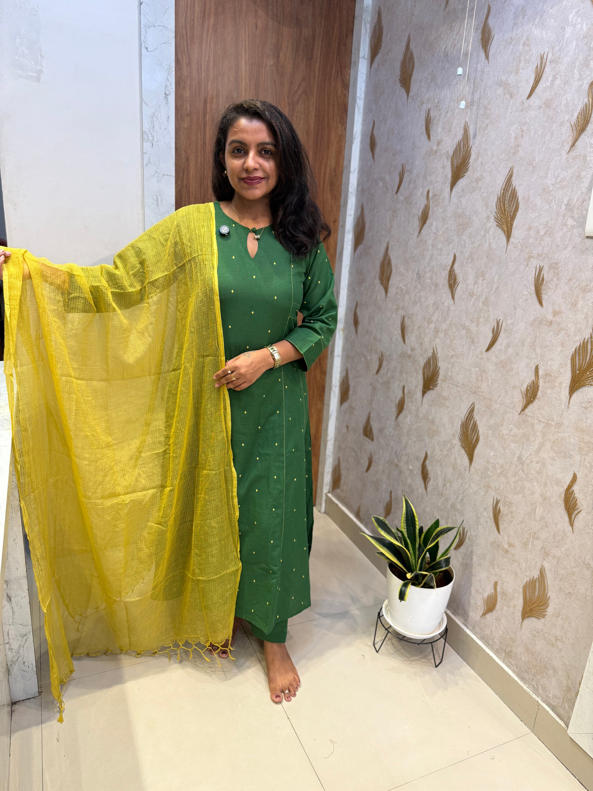 Pure Handloom Cotton Green Kurti With Constrast Mustard Dupatta -HSC1346