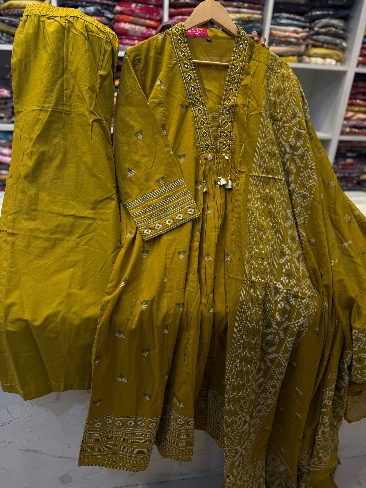 Green Pure Cotton Kurti With Pant and Dupatta-HSC60