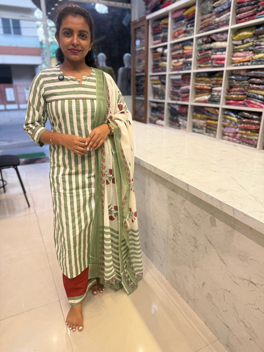 Sage Green Stripes Kurti With Marron Pant and Block Printed Dupatta-HSC184