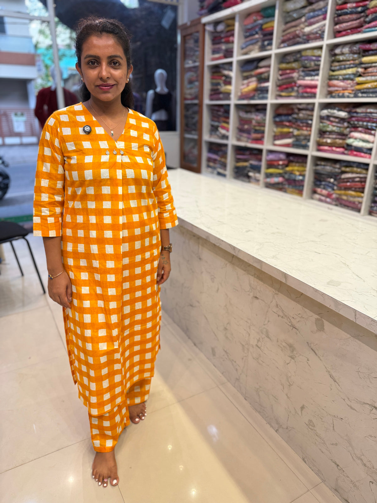Geometric Check Print Cotton Kurti With Pant-HSC186