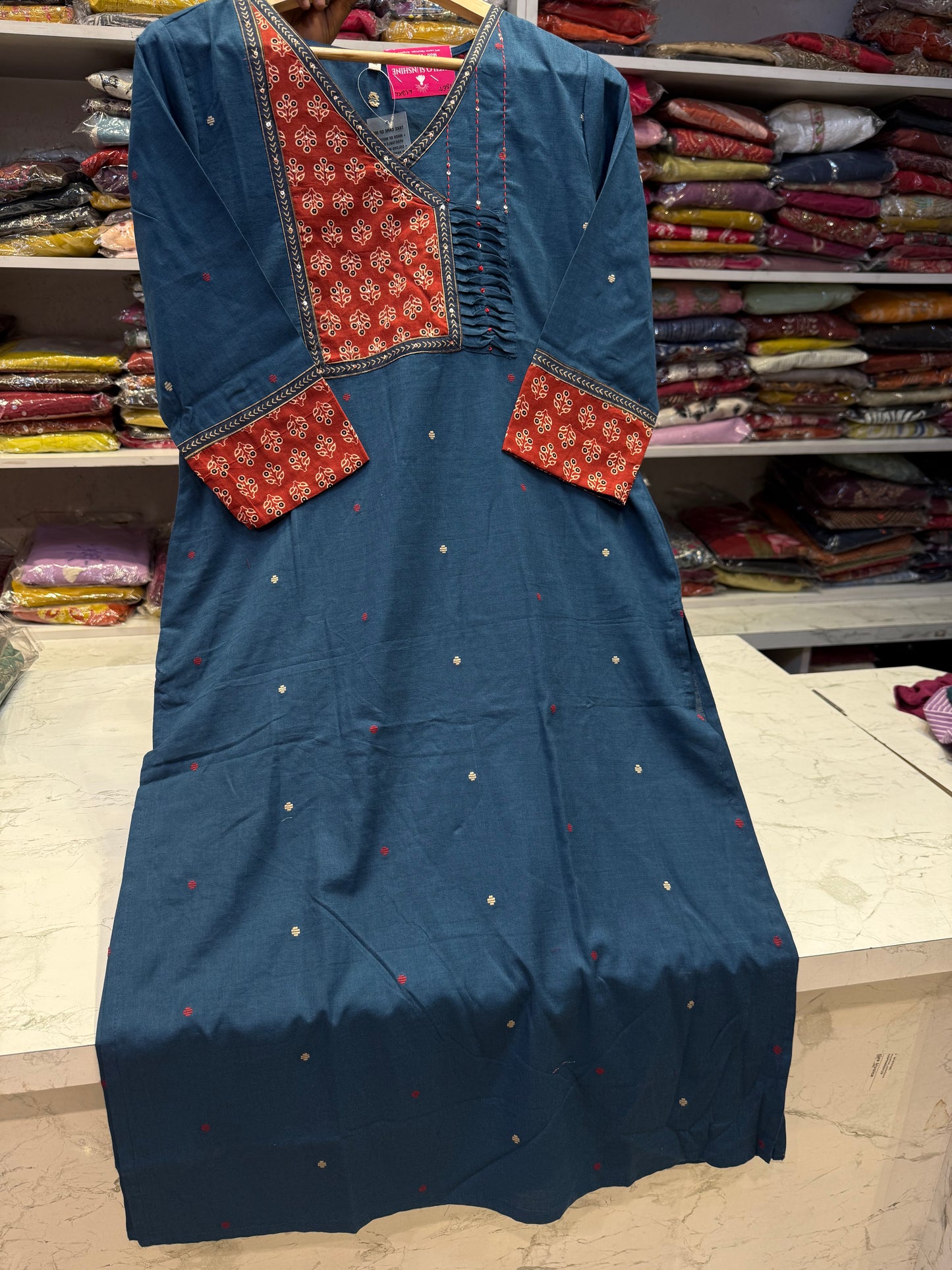 Premium Blue Pure Cotton Embroidered Kurti - HSC1167