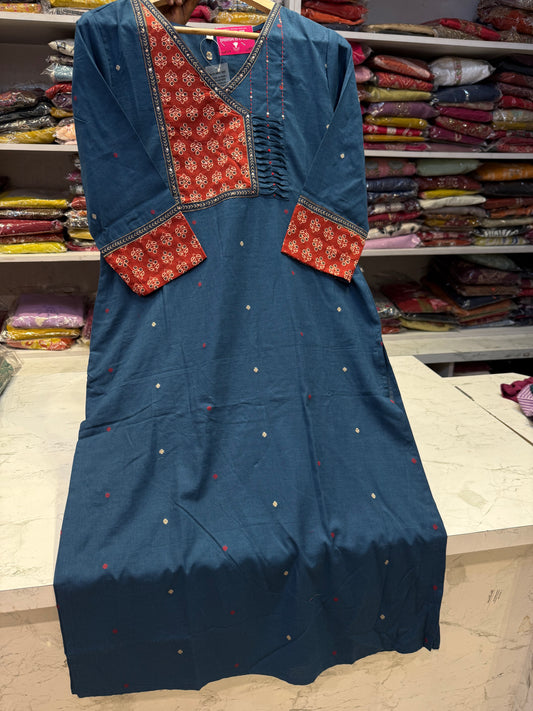 Premium Blue Pure Cotton Embroidered Kurti - HSC1167