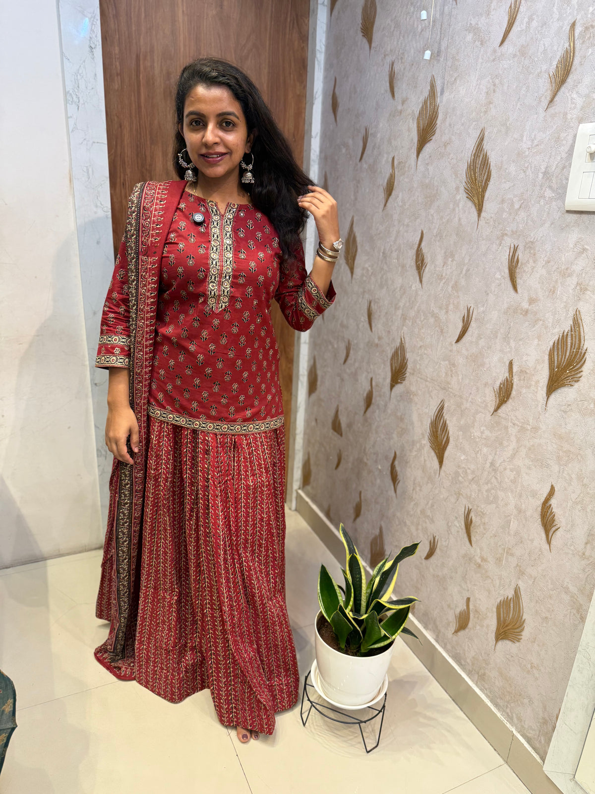 Red Pure Cotton Printed Kurti With Skirt and Dupatta -HSC1302