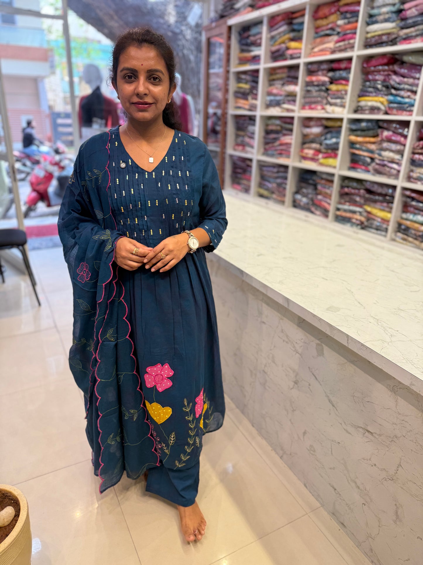 Blue Mul Cotton A-line  Kurti With Pant and Scallop Dupatta-HSC13