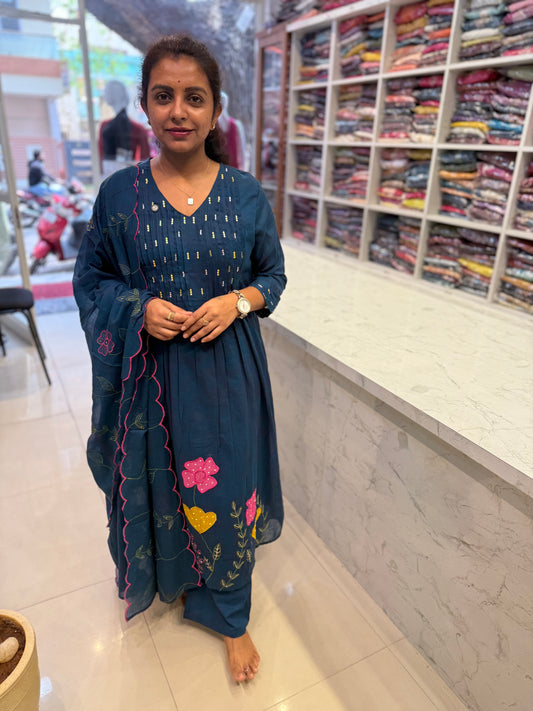 Blue Mul Cotton A-line  Kurti With Pant and Scallop Dupatta-HSC13