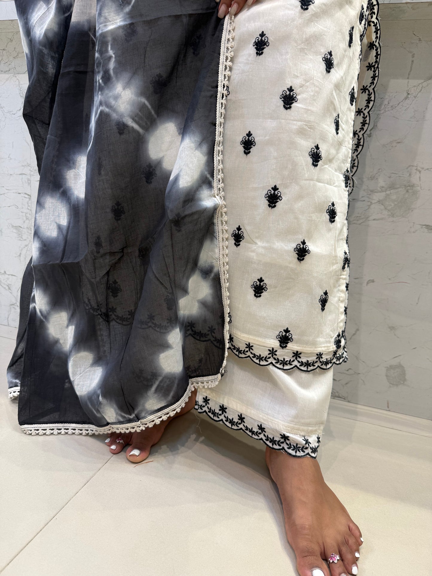 Tie and Dye White and Black Pure Cotton Flex Kurti With Pant and Dupatta-HSC182