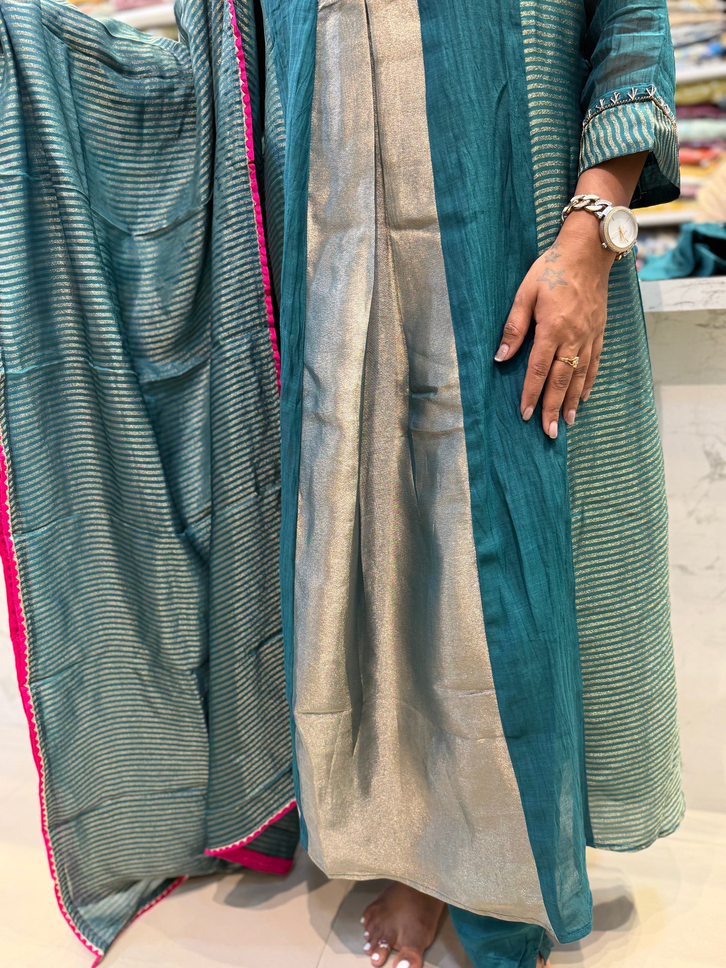 Teal Blue Pure Banarasi Mul Chanderi A-line Kurti With Pant and Dupatta
