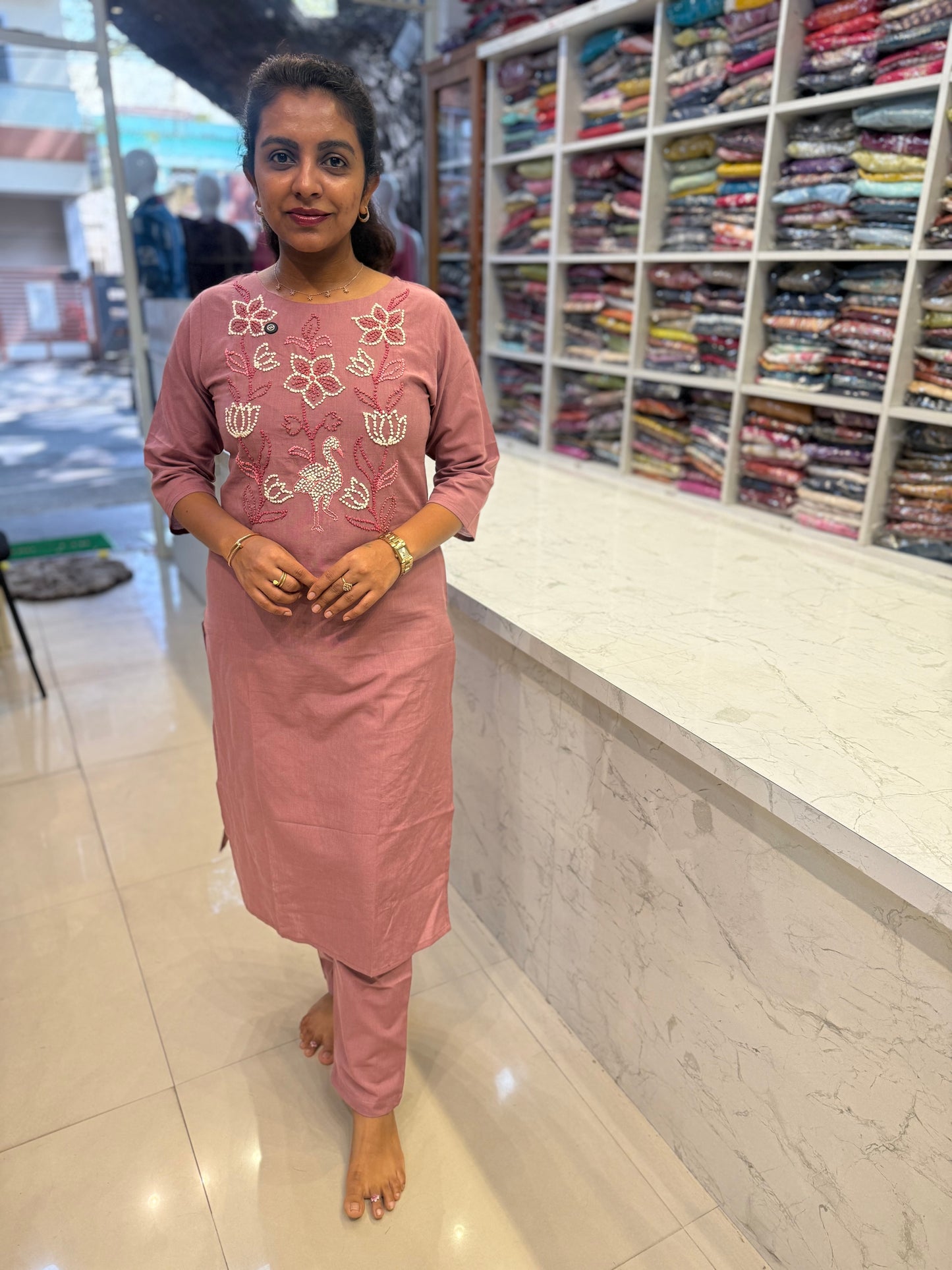 Thread Embroidery Knot Work Cotton Kurti With Pant