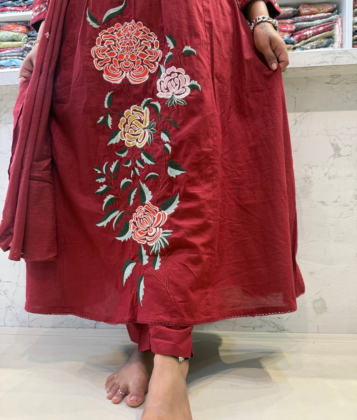 A-line Embroidery Work Kurti With Pant and Dupatta