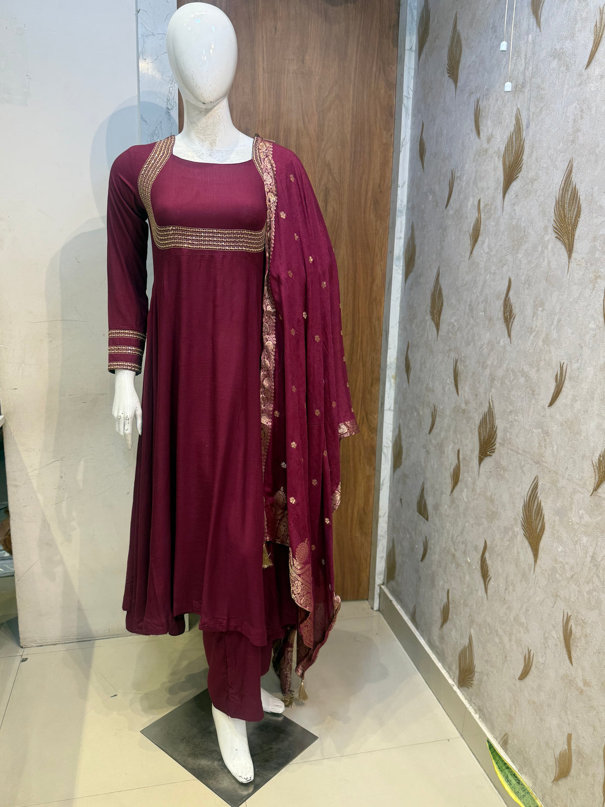 Free Earrings Wine Anarkali Soft Rayon With Pant and Dupatta - HSC1201