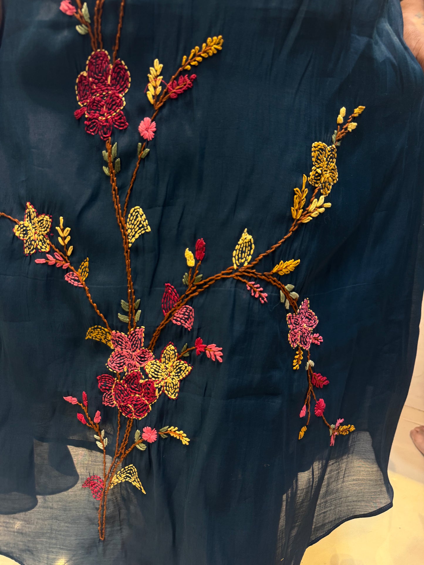 Mul Chanderi Blue Kurti With Pant and Dupatta