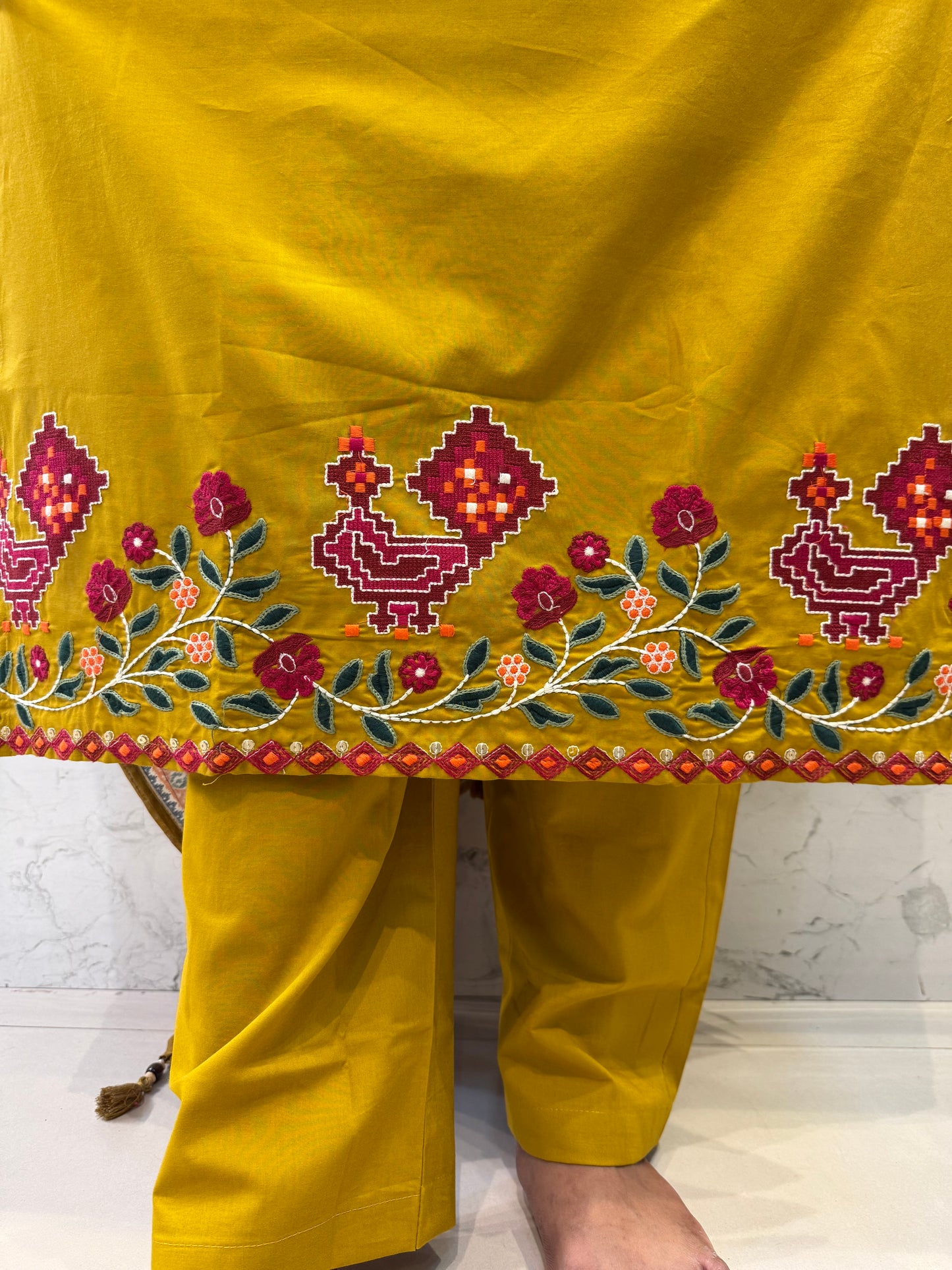 Mustard Pure Cotton Flex Ikat Contrast Green Dupatta-HSC116
