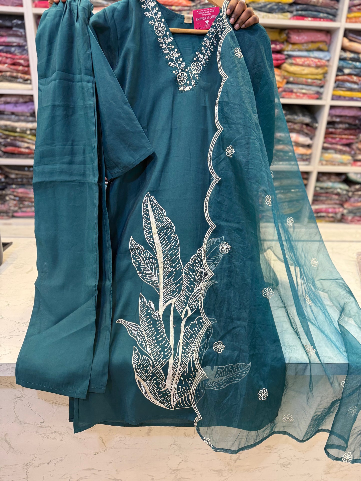 Green Roman Silk semi party wear Kurti with pant and Scallop Dupatta