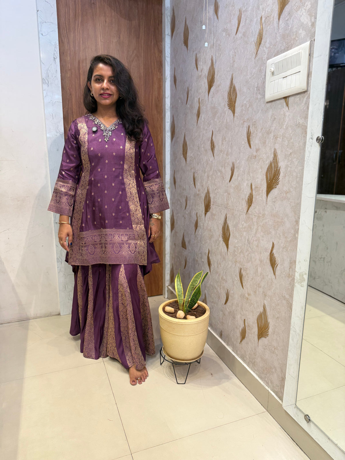 Purple Banasari Embroidered Kurti With Pant -HSC1208
