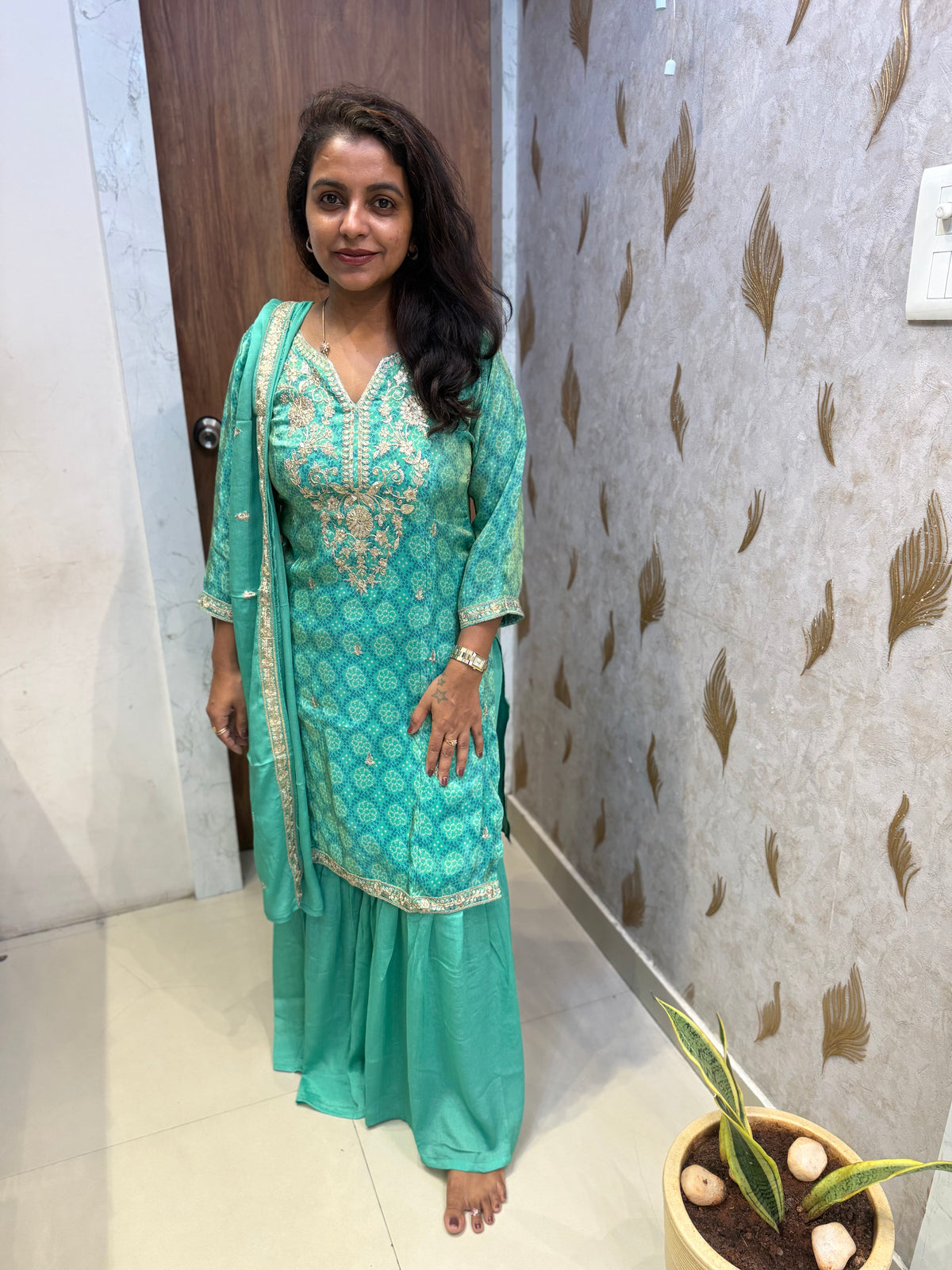 Green Pure Chiffon Embroidery Kurti With sharara Pant and Dupatta -HSC1238