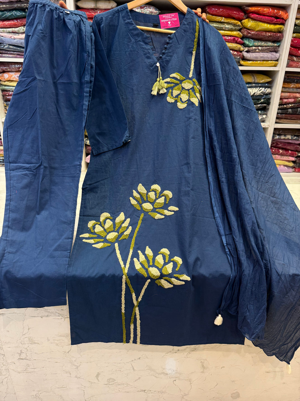 Ink Blue Pure Cotton Kurti With Pant and Dupatta-HSC1234