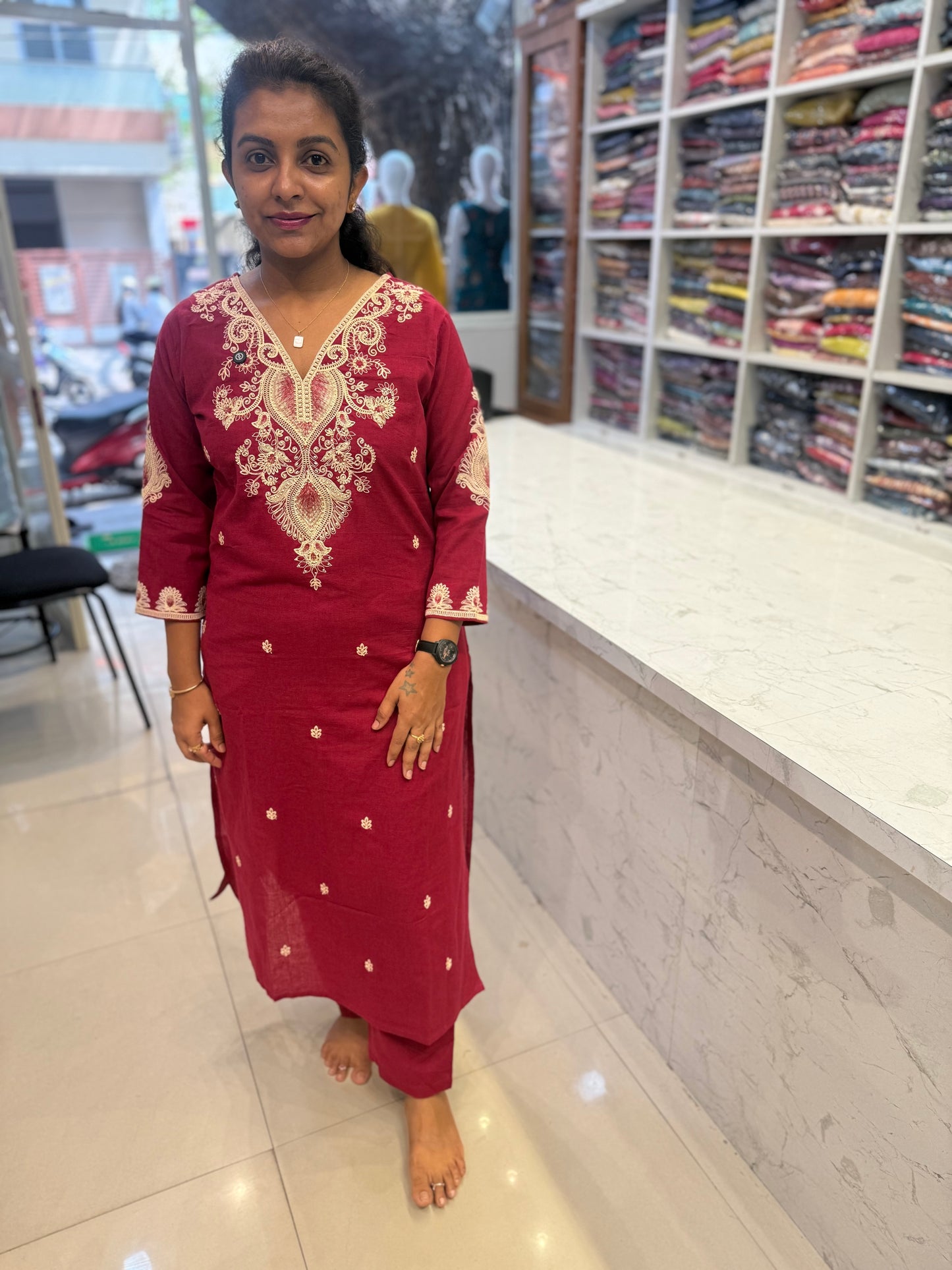 Pink Cotton Flex Embroidery Kurti With Pant-HSC18