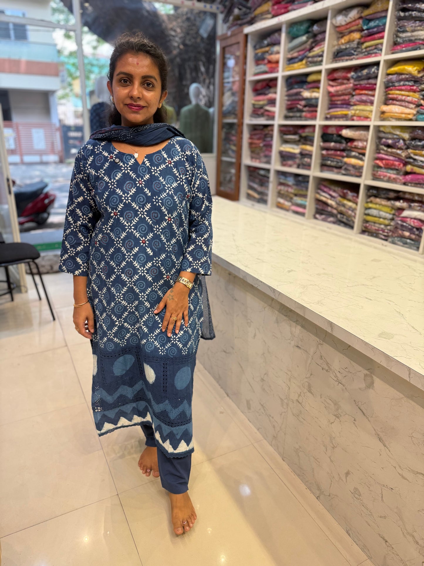Indigo Block Printed Pure Cotton Kurti With Pant and Dupatta-HSC84