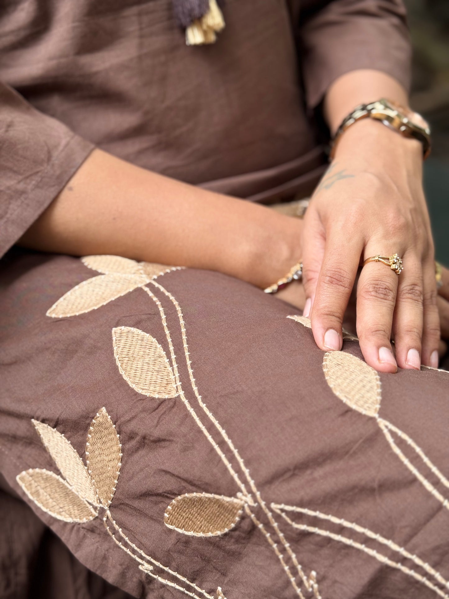 Brown Pure Cotton Embroidered Kurti With Pant and Dupatta -HSC1172