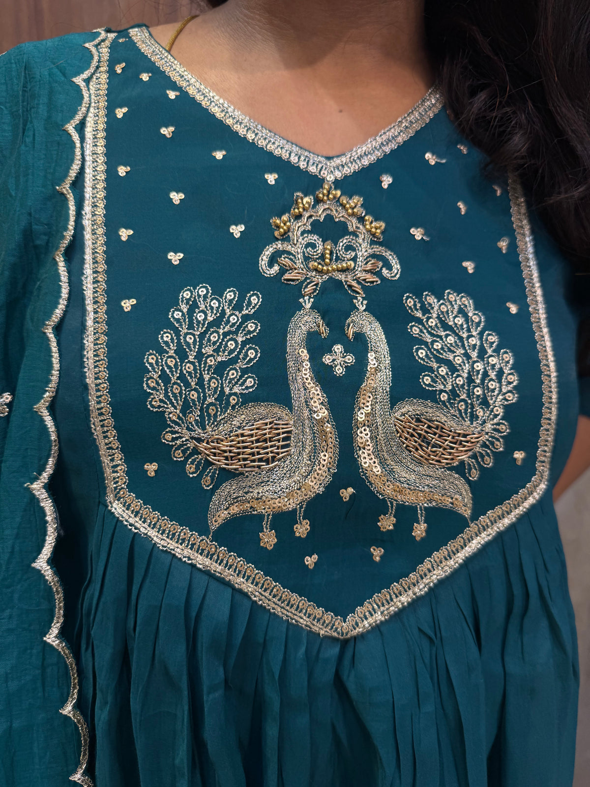 Teal Blue Pure Silk Kurti With Pant and Scallop Cut Dupatta -HSC1314