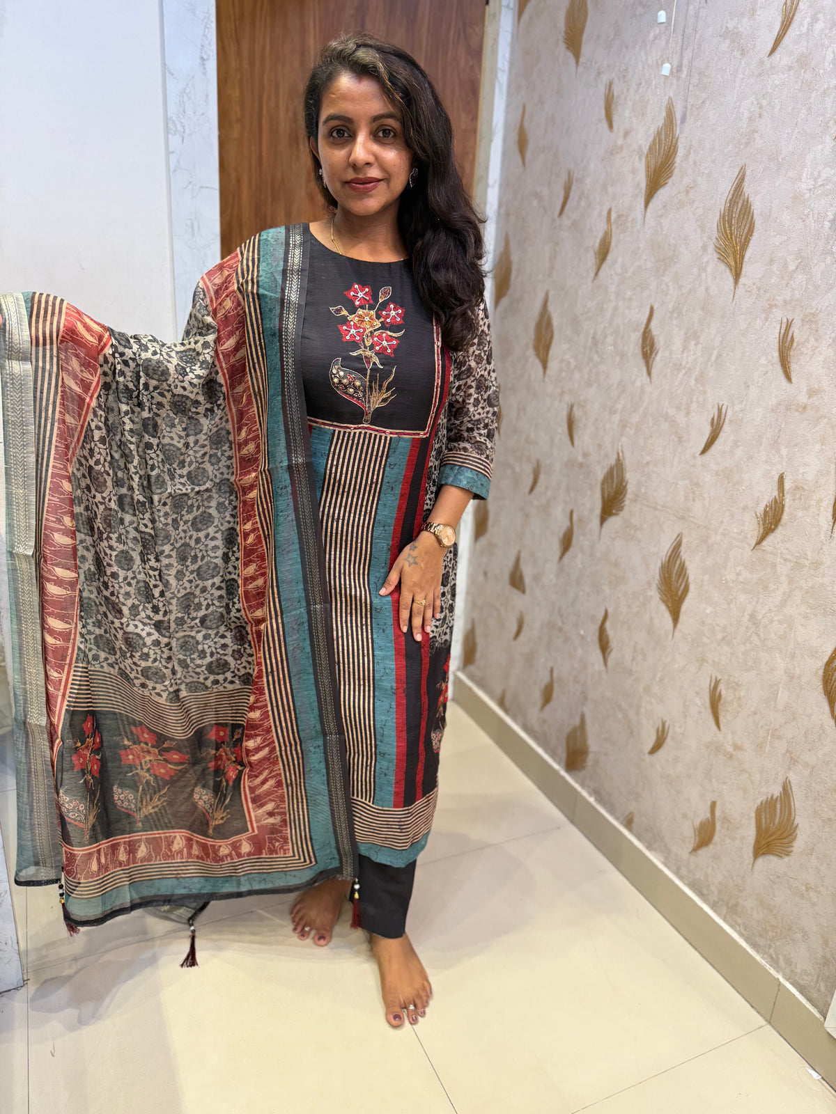 Pure Linen Black Thread Embroidery Kurti With Pant and Dupatta -HSC1290